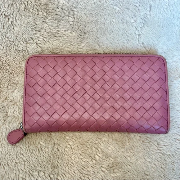 Bottega Veneta Nappa Intrecciato Pink Zippy Long Wallet Wallets